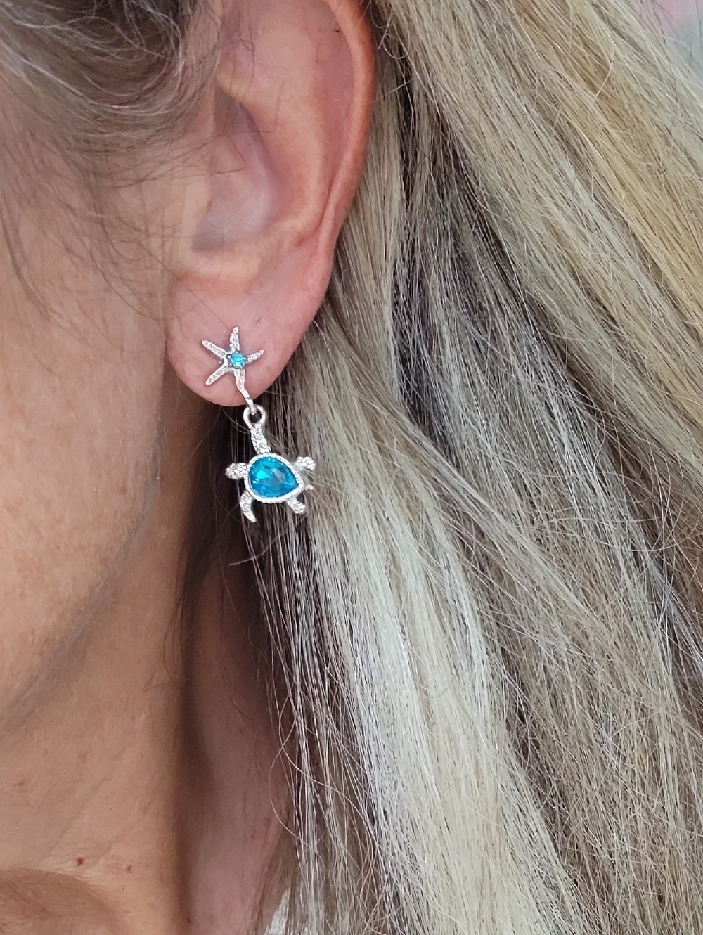 Silver Sea Turtle Starfish Drop Earrings with Blue Topaz Crystals